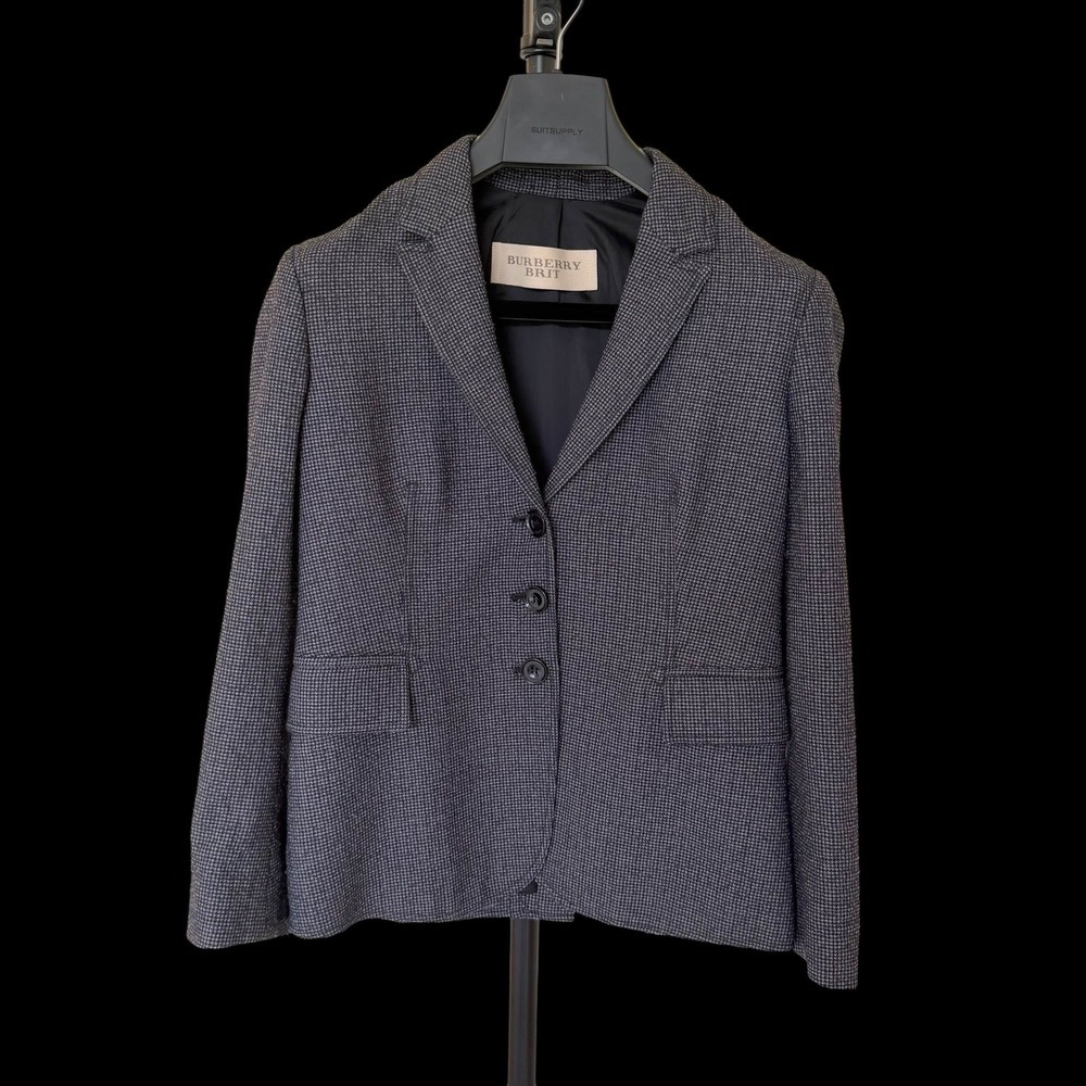 Burberry Brit Grey Wool Blend Houndstooth Blazer Jacket 3 Button Tailored Coat